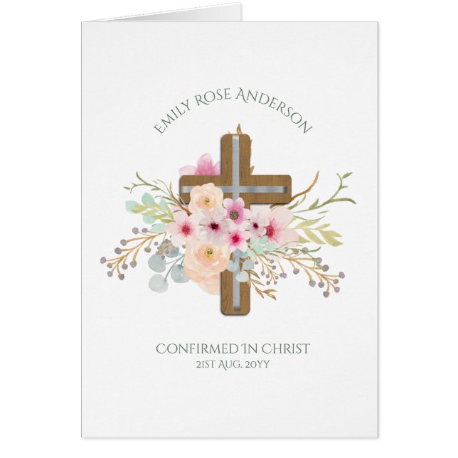 Pretty Floral Cross Confirmation Card Personalised (Front)