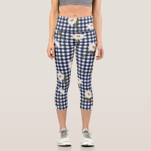 Pretty Floral Daisy Gingham Check Pattern Custom Capri Leggings
