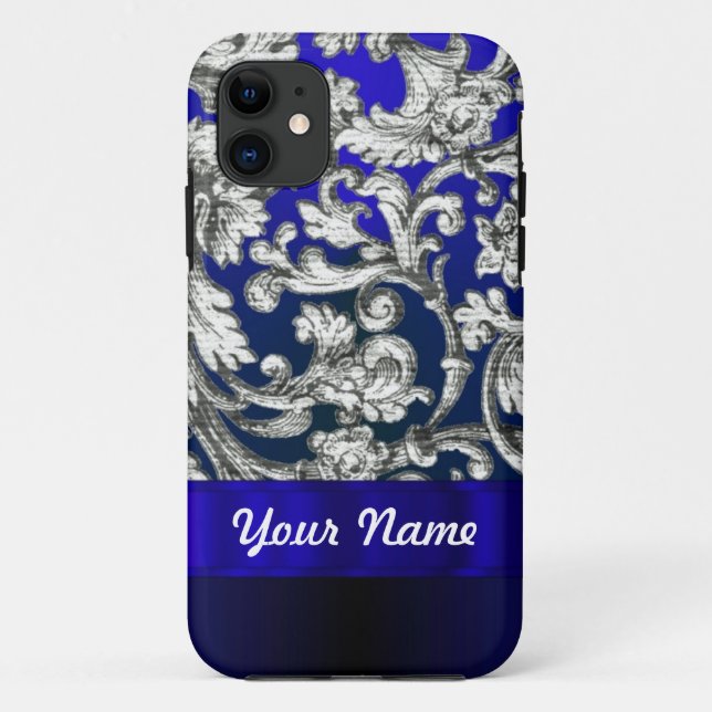 Pretty floral damask on blue Case-Mate iPhone case (Back)
