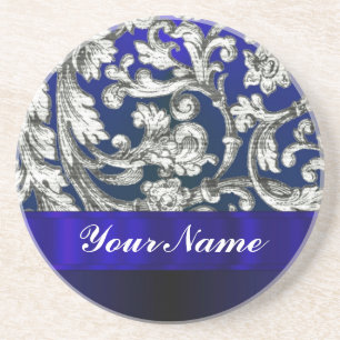 Pretty floral damask on blue coaster