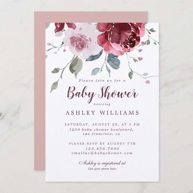 Pretty Floral Dusty Pink Rose Burgundy Baby Shower Invitation (Front/Back)