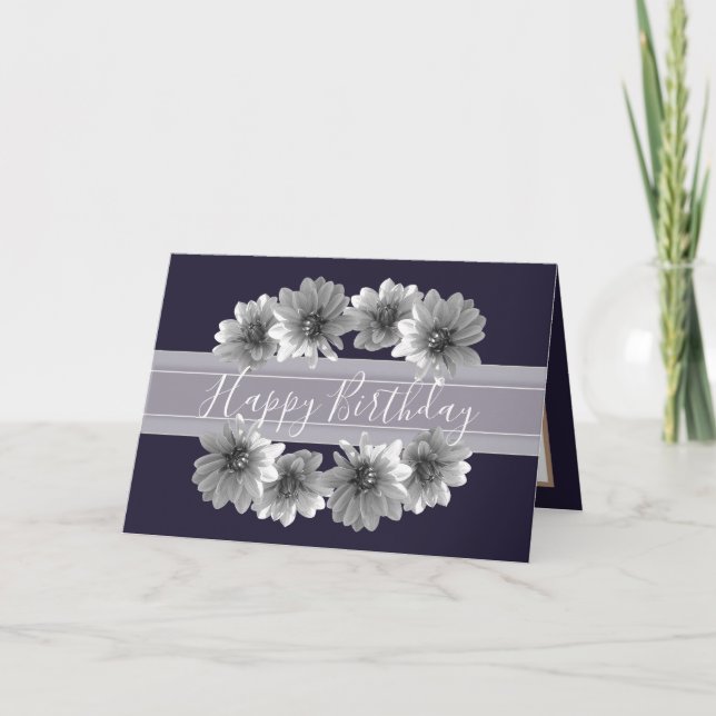 Pretty Floral Elegant Dahlia Flower Navy Birthday Card (Front)