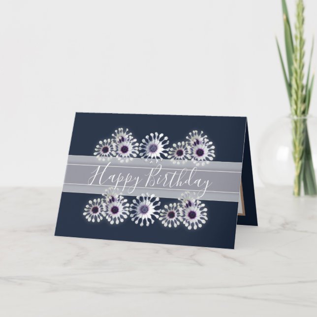 Pretty Floral Elegant Daisy Flower Navy Birthday Card (Front)