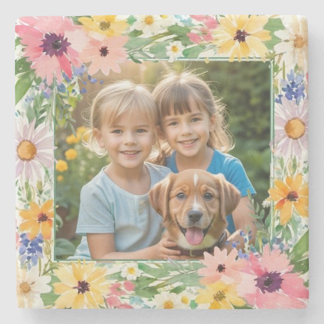 Pretty Floral Elegant Keepsake Custom Photo Stone Coaster (Front)