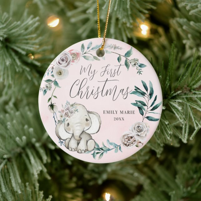 Pretty Floral Elephant Girl Baby 1st Christmas Ceramic Ornament (Tree)