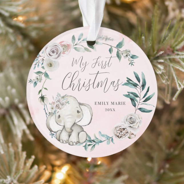 Pretty Floral Elephant Girl Baby 1st Christmas Ornament (Tree)