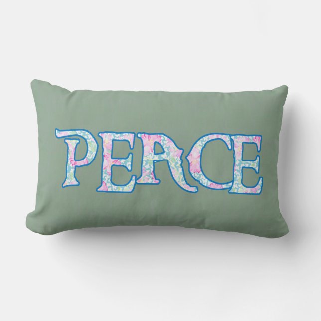 Pretty Floral Faux Applique Peace Text Design Lumbar Cushion (Front)