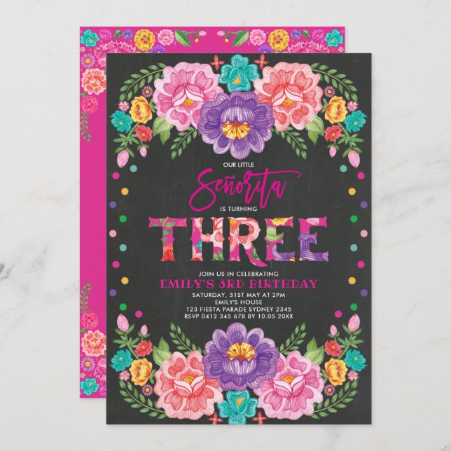 Pretty Floral Fiesta Senorita Girl 3rd Birthday Invitation (Front/Back)