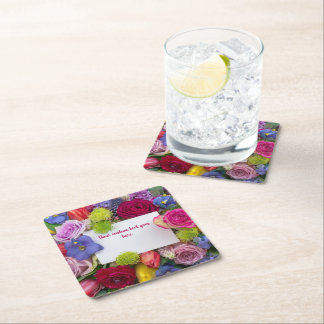 Pretty Floral Framed Roses Text Box Custom Square Paper Coaster