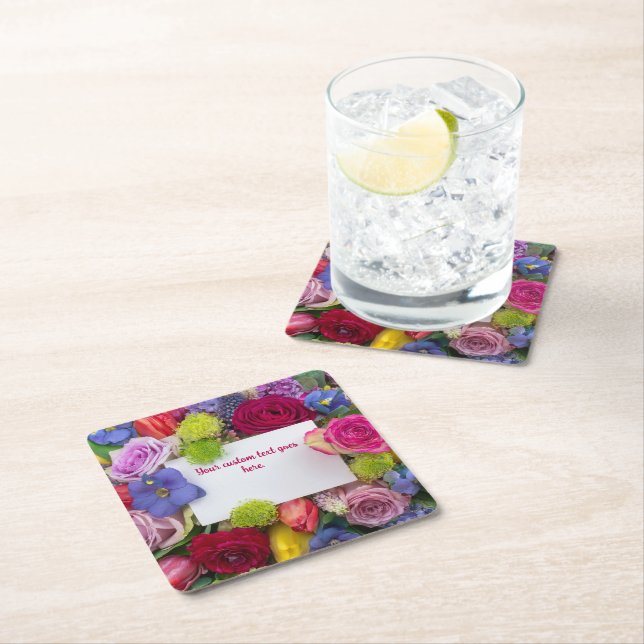 Pretty Floral Framed Roses Text Box Custom Square Paper Coaster (Insitu)