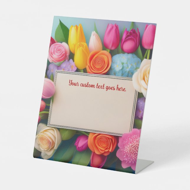 Pretty Floral Framed Roses Tulips Hydrangea Custom Pedestal Sign (Front)