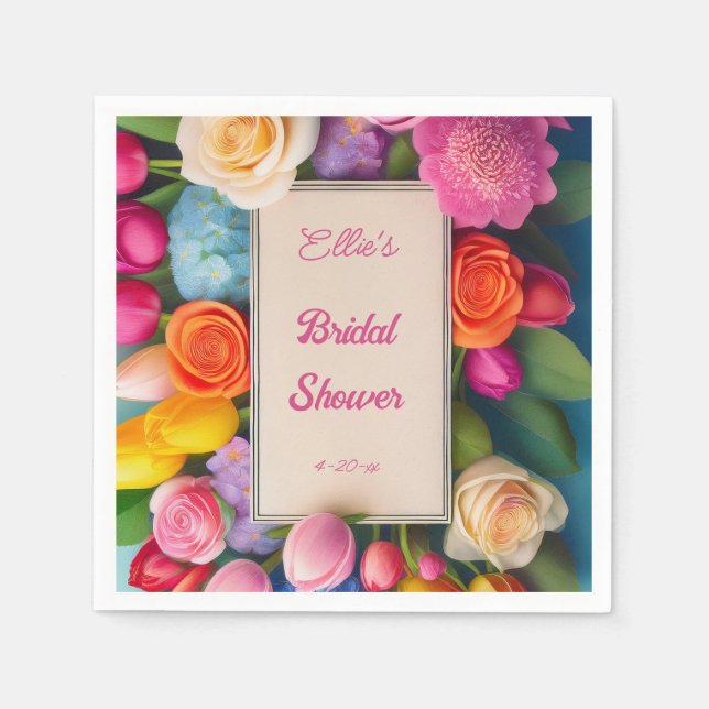 Pretty Floral Framed Roses Tulips Hydrangea Event  Napkin (Front)