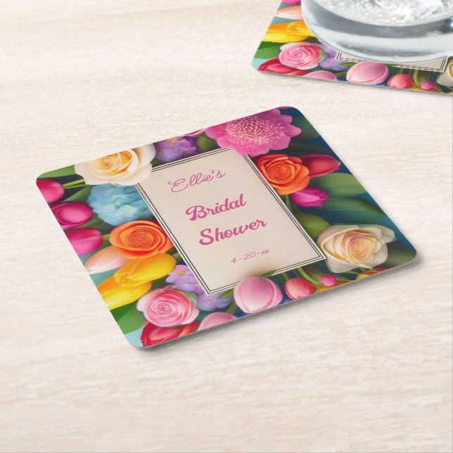 Pretty Floral Framed Roses Tulips Hydrangea Event  Square Paper Coaster (Angled)