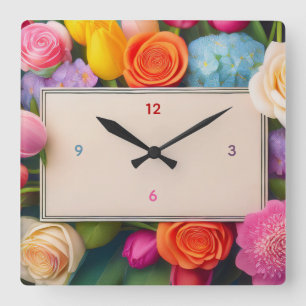 Pretty Floral Framed Roses Tulips Hydrangea Square Wall Clock