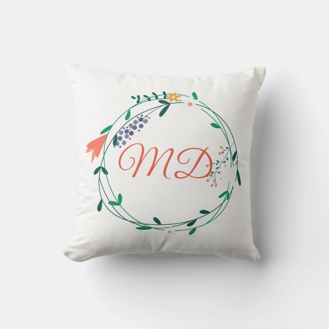 Pretty Floral Garland Script Monogram Cushion (Front)
