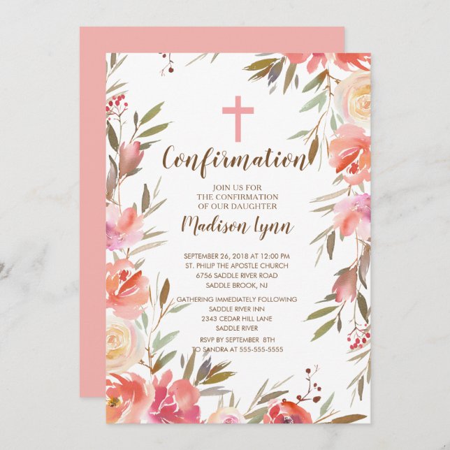 Pretty Floral Girls Confirmation Invitation (Front/Back)