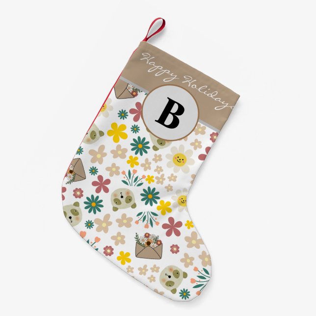 Pretty floral girly monogrammed grandchildren small christmas stocking (Front (Hanging))