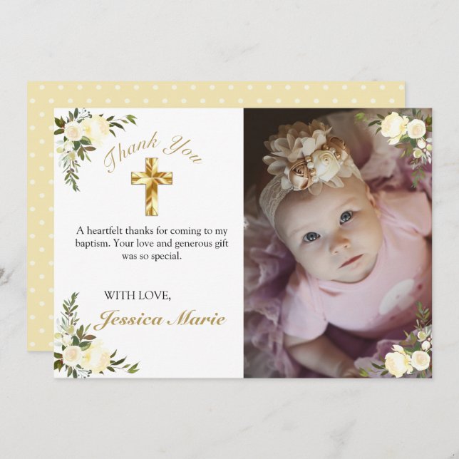 Pretty Floral Gold Cross Baptism Photo Thank You (Front/Back)