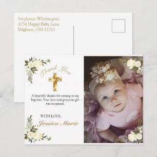Pretty Floral Gold Cross Baptism Photo Thank You Postcard