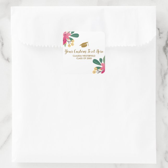 Pretty Floral Gold Graduation Cap Custom Square Sticker (Bag)