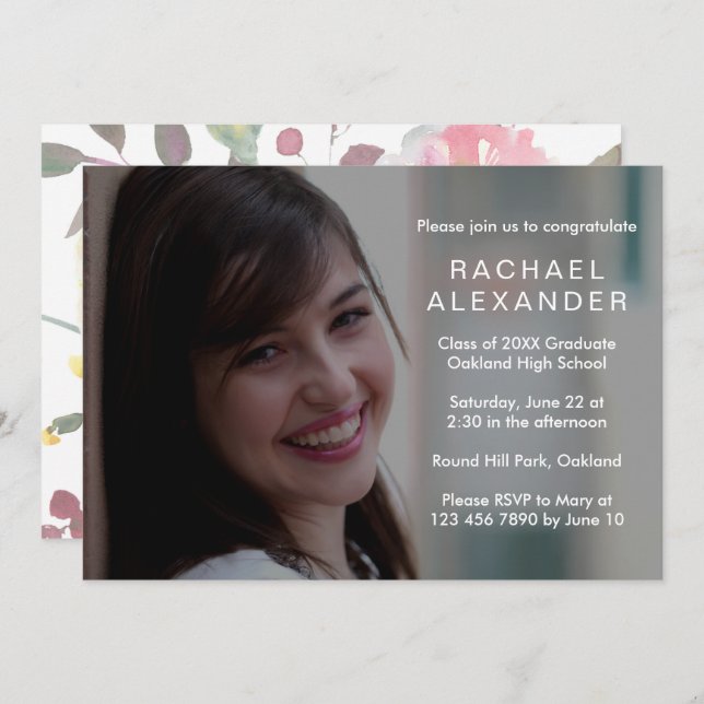 Pretty Floral Graduation Party Photo Card (Front/Back)