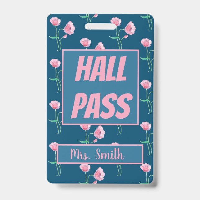 Pretty Floral Hall Pass with Name ID Badge (Front)