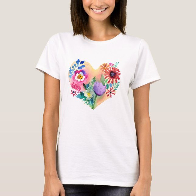 Pretty Floral Heart Colourful AI ART T-Shirt (Front)