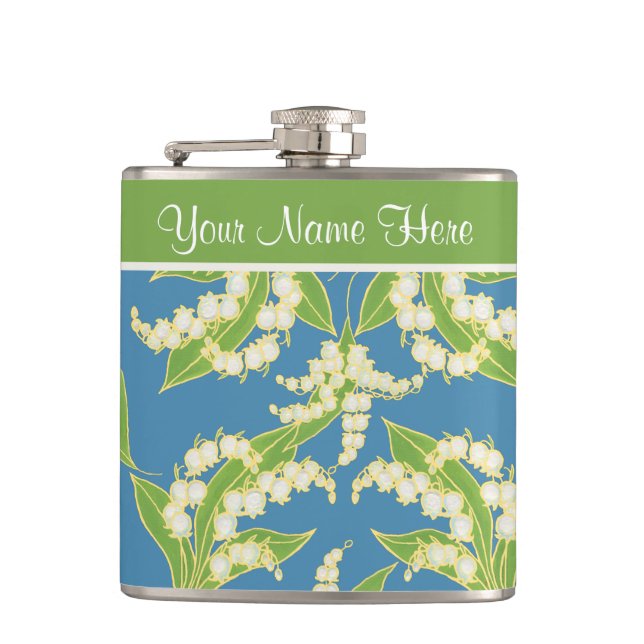 Pretty Floral Hip Flask: Lilies of the Valley Blue Hip Flask (Front)