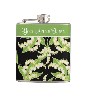Pretty Floral Hip Flask: Lily of the Valley, Black Flask