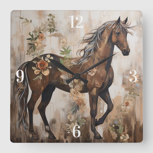 Pretty Floral Horse Painting Square Wall Clock (Front)