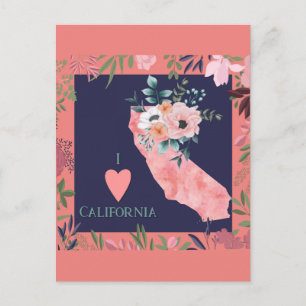 Pretty Floral I Love California State Map Postcard