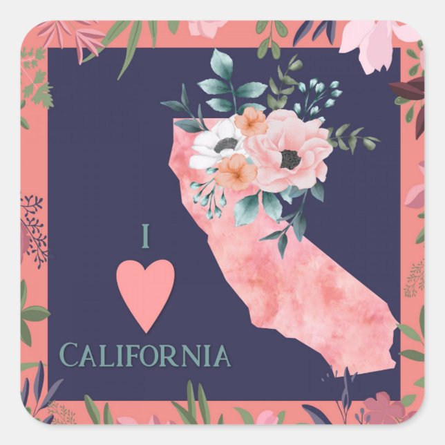 Pretty Floral I Love California State Map Square Sticker (Front)