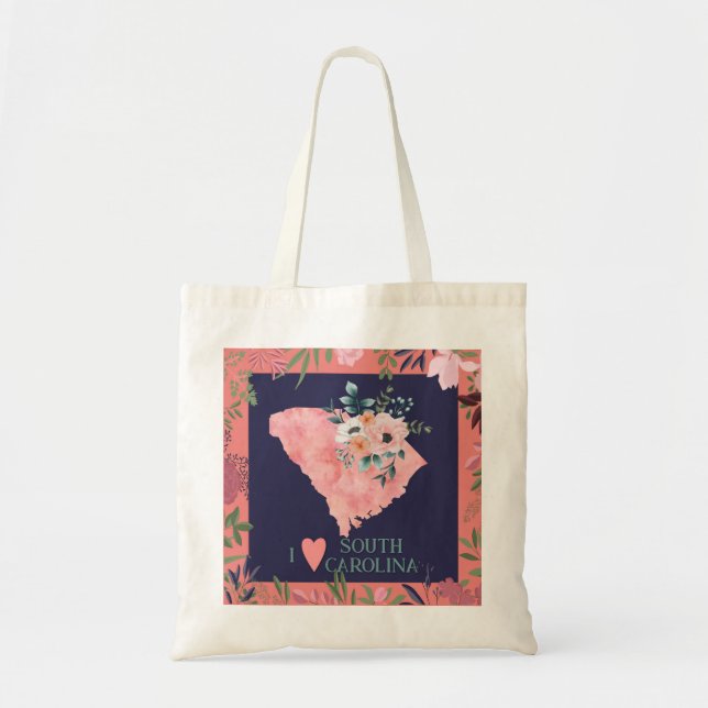 Pretty Floral I Love South Carolina State Map Tote Bag (Front)