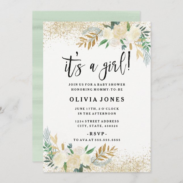 Pretty Floral Its a Girl Baby Shower Invitation (Front/Back)
