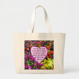 PRETTY FLORAL JOHN 8:12 PHOTO DESIGN LARGE TOTE BAG