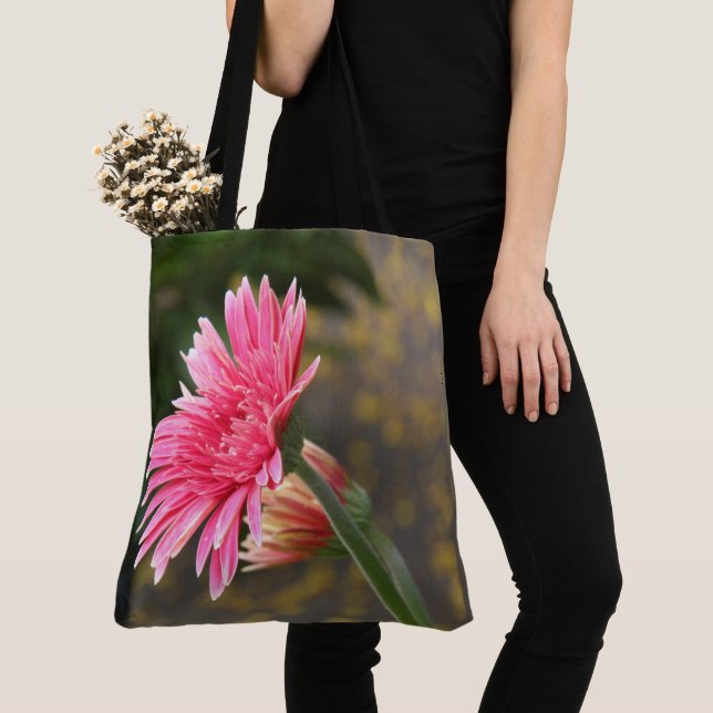 Pretty floral; Large Pink Gerbera Daisy Tote Bag (Close Up)