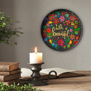 Pretty Floral Life is Beautiful Inspirivity Black Square Wall Clock