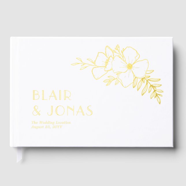 Pretty Floral Line Art White Gold Foil Wedding Guest Book (Front)