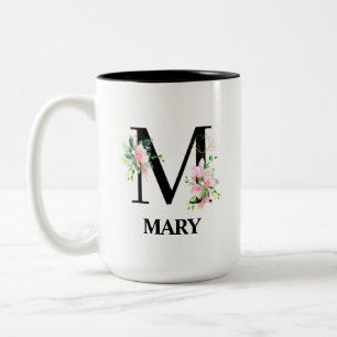 Pretty Floral M Initial Monogrammed Two-Tone Coffee Mug