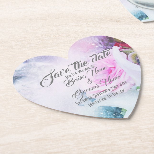 Pretty floral modern save the date paper coaster (Angled)