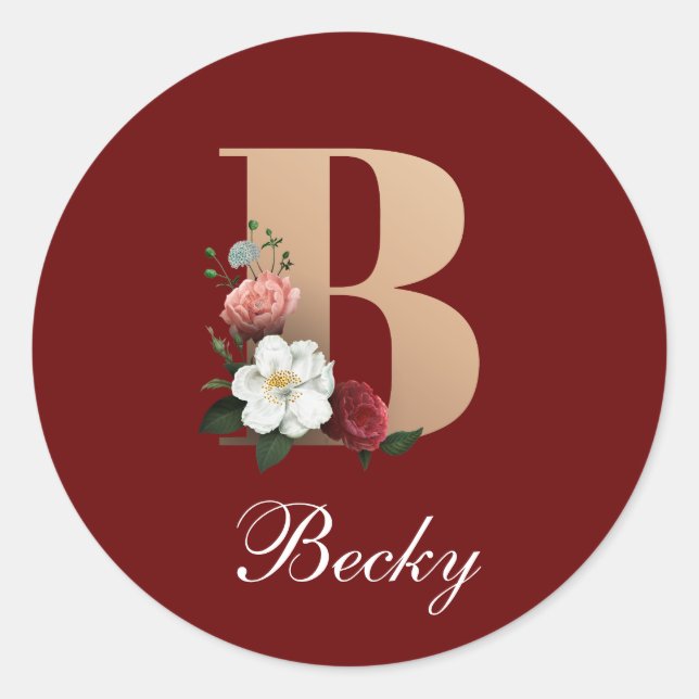 Pretty Floral Monogram B TEMPLATE Classic Round Sticker (Front)