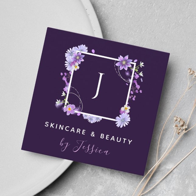 Pretty Floral Monogram Pink Purple Beauty Skincare Square Business Card (Creator Uploaded)
