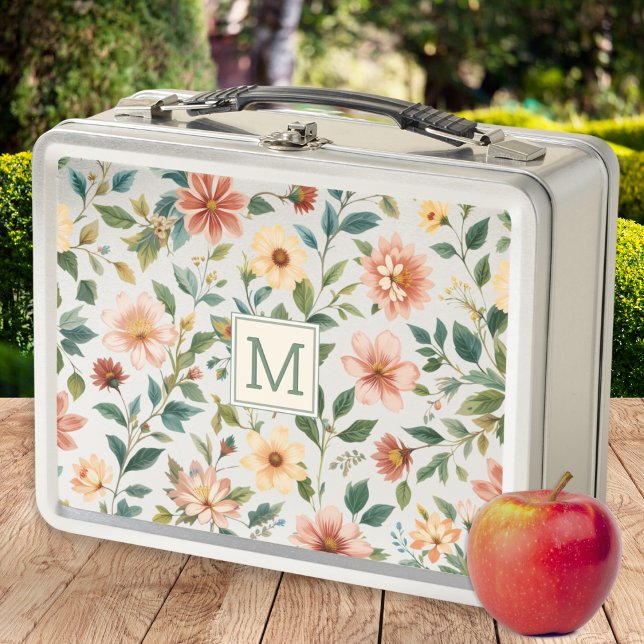 Pretty Floral Monogrammed Metal Lunch Box (A stylish, monogrammed, metal lunch box, with floral design on both sides)