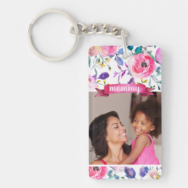 Pretty Floral Mother's Day Photo Key Ring (Front)
