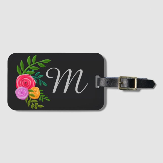 Pretty Floral on Chalkboard Monogrammed Luggage Tag (Front Horizontal)