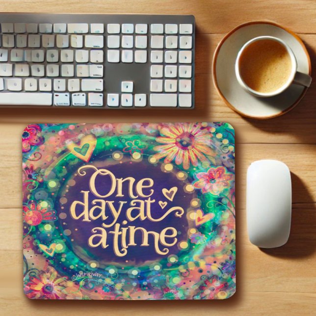 Pretty Floral One Day at a Time Quote Inspirivity Mouse Pad (Creator Uploaded)