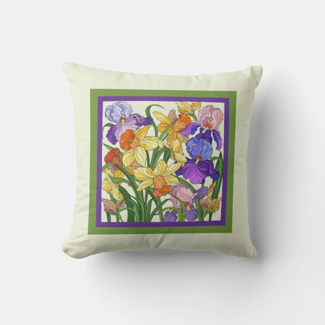 Pretty floral, painted irises on cream cushion (Front)