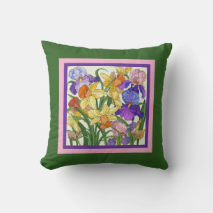 Pretty floral, painted irises on green cushion