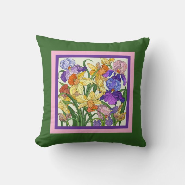 Pretty floral, painted irises on green cushion (Front)