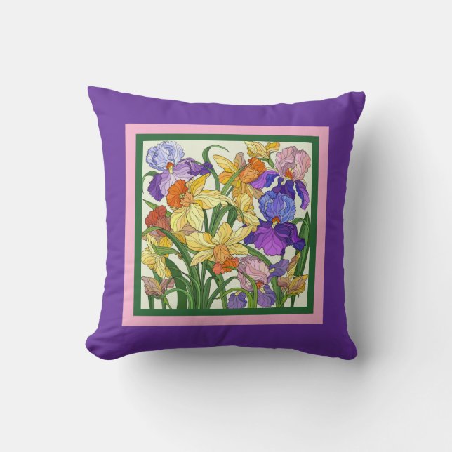 Pretty floral, painted irises on purple cushion (Front)